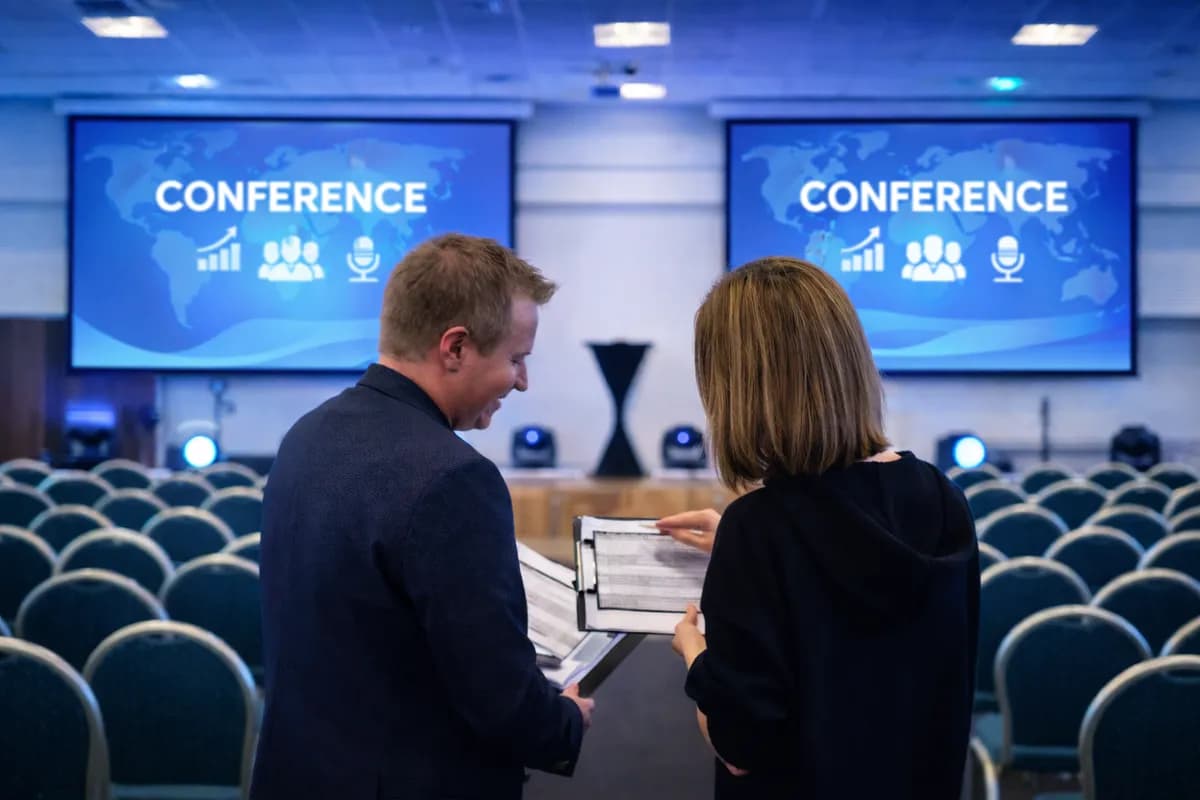 To konferanseplanleggere gjennomgår program og logistikk i konferansesal